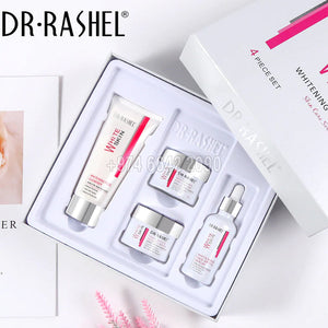 A set of Dr. Rashel whitening products including cleanser, serum, night cream, and daytime cream, packaged in a white box with the brand and product name visible.