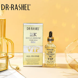 A product image featuring a box and a bottle of Dr.Rashel 24k Gold Serum Vip All In One.