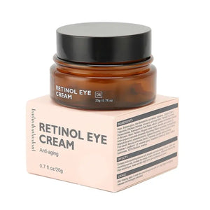 A jar of Vibrant Glamour Retinol Eye Cream placed on its packaging box, with the product name and 'Anti-aging' tag visible on the box.